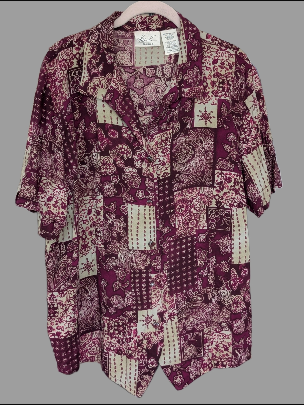 Vintage 90s Patchwork Paisley Whimsigoth Button-Front Top - Plum & Cream Blouse